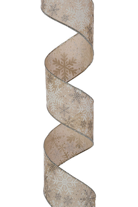 2.5" X 10Yds Wired Glitter Snowflakes Dots Natural Linen Ribbon Gray/White