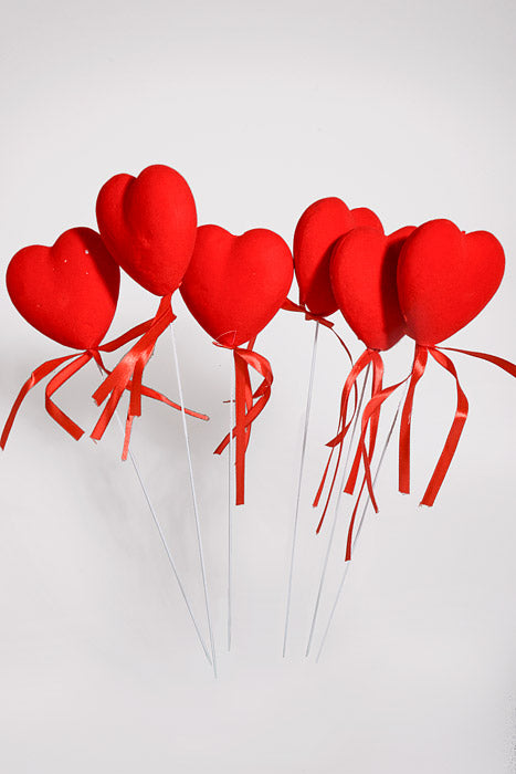 13" Velvet Heart Pick With Ribbon Red Pkg/6