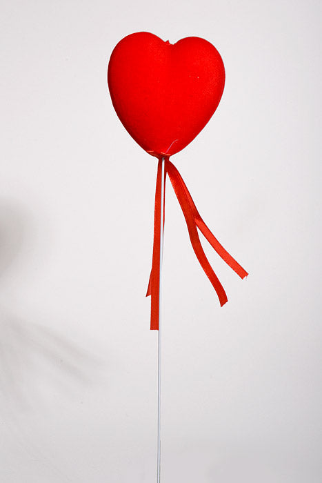 13" Velvet Heart Pick With Ribbon Red Pkg/6