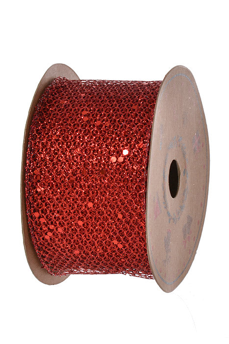 2.5" X 10Yds Wired Net With Glitter Ribbon Red