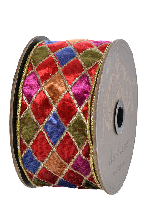 2.5" X 10Yds Wired Velvet Glitter Harlequin Ribbon Red/Blue/Green