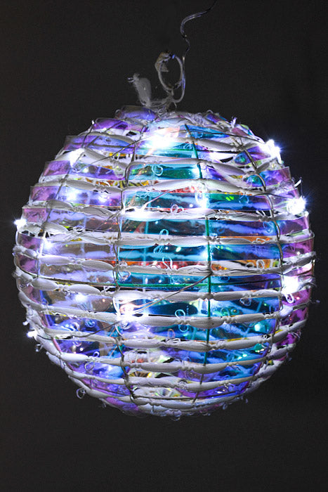 250Mm Rainbow Ornament Ball W/Lights White/Iridescent