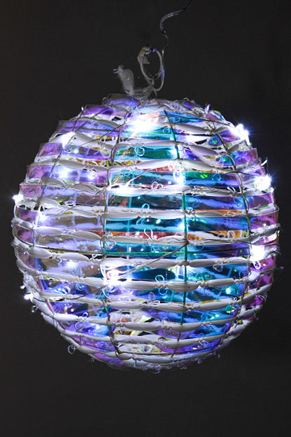 250Mm Rainbow Ornament Ball W/Lights White/Iridescent