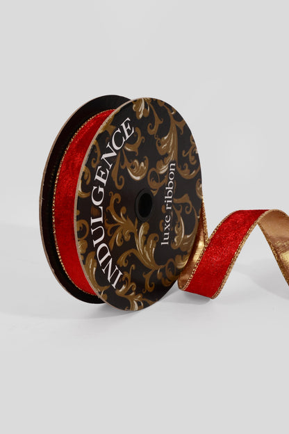 1" X 10Yds Wired Lush Velvet/Gold Metallic Back Ribbon Red