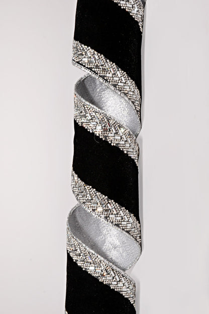 4" X 5Yds Wired Velvet with Jeweled Edged Ribbon Black/Silver