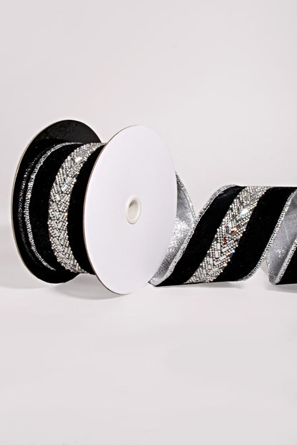 2.5" X 5Yds Wired Velvet with Jeweled Center Ribbon Black/Silver