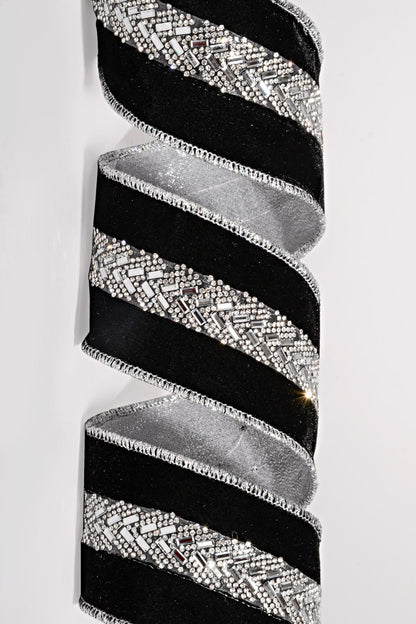 2.5" X 5Yds Wired Velvet with Jeweled Center Ribbon Black/Silver
