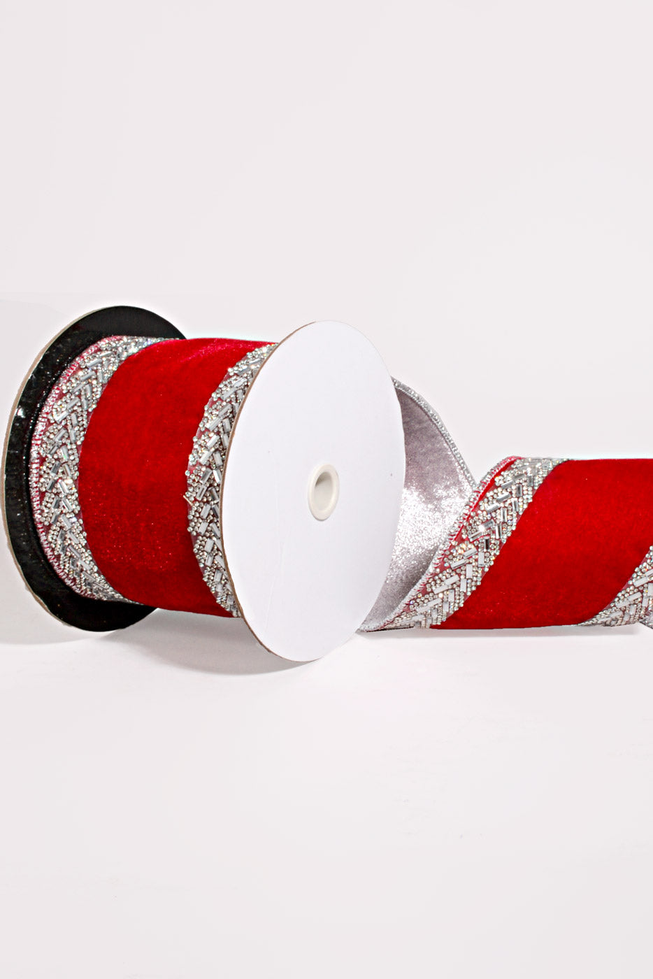 4" X 5Yds Wired Velvet with Jeweled Edged Ribbon Red/Silver