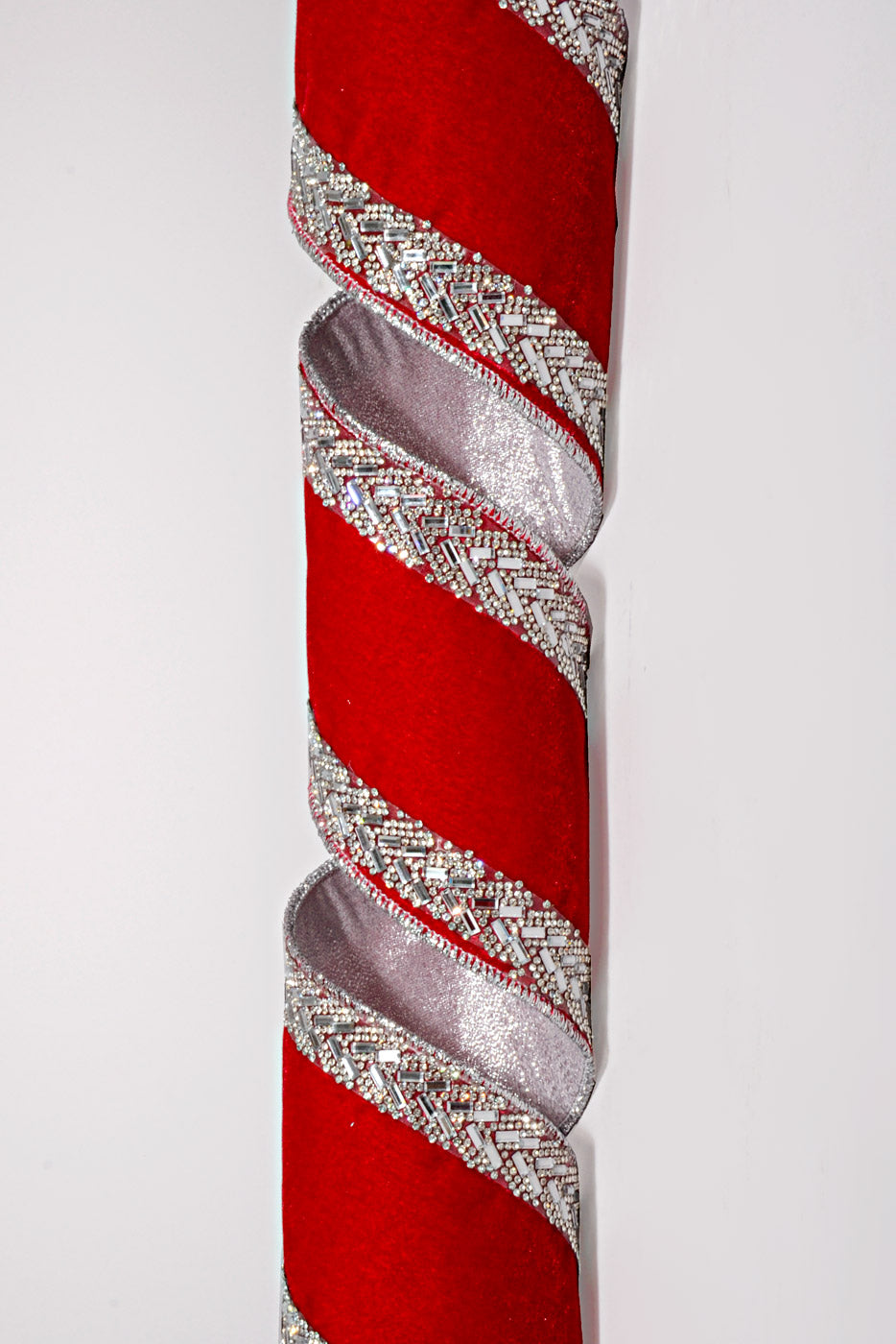 4" X 5Yds Wired Velvet with Jeweled Edged Ribbon Red/Silver