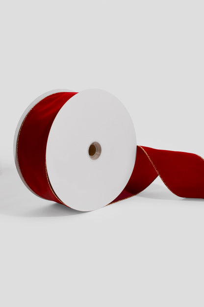 4" x 50Yds Wired Velvet W/Edge Ribbon Dark Red/Gold