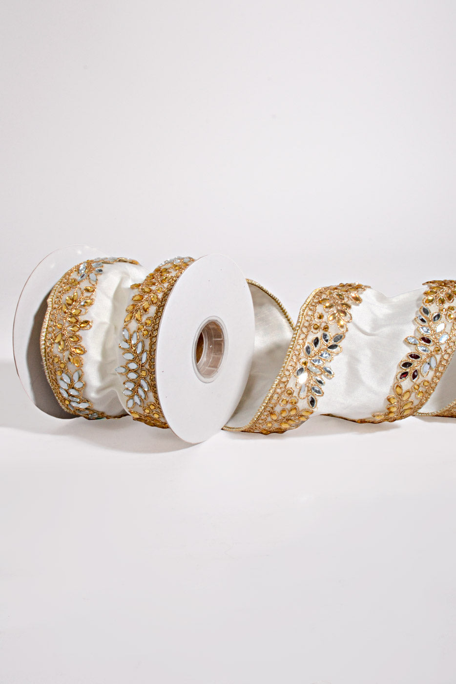 4" X 5Yds Wired Dupion Double Sided Jewel Band Ribbon Ivory Gold