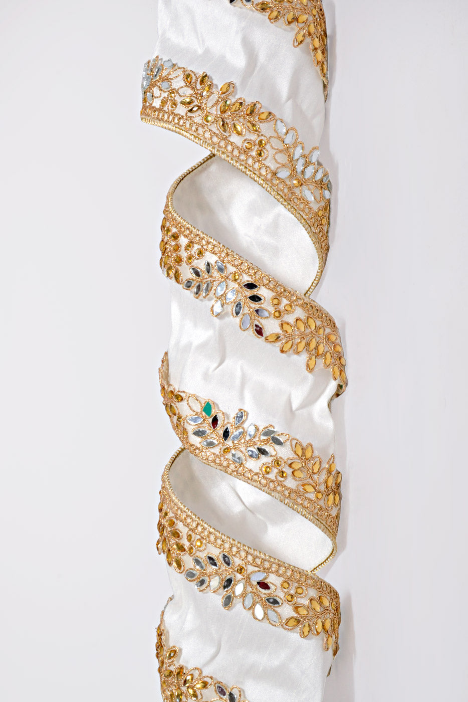 4" X 5Yds Wired Dupion Double Sided Jewel Band Ribbon Ivory Gold