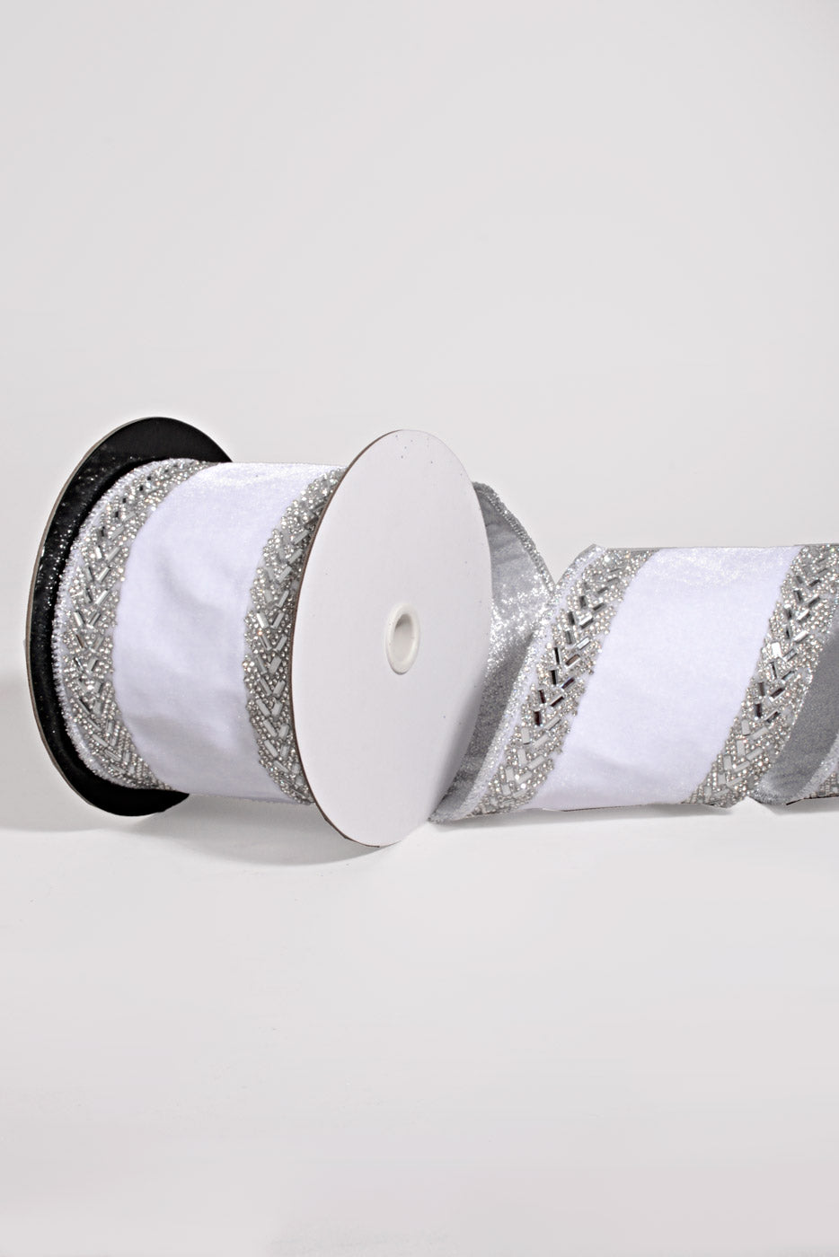 4" X 5Yds Wired Velvet with Jeweled Edged Ribbon White/Silver