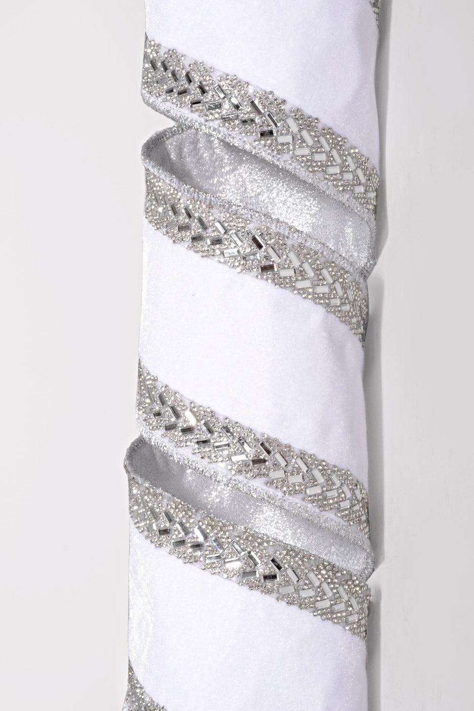 4" X 5Yds Wired Velvet with Jeweled Edged Ribbon White/Silver