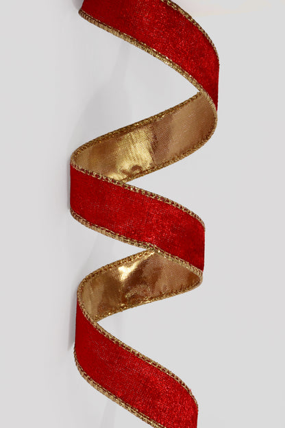 1" X 10Yds Wired Lush Velvet/Gold Metallic Back Ribbon Red