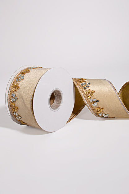 2.5" X 5Yds Wired Velvet with Jewel Leaf Edge Ribbon Champagne
