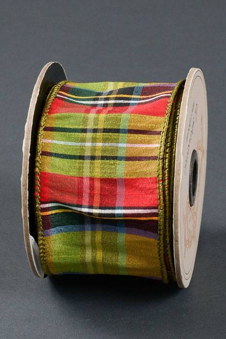 2.5" X 10yds Faux Dupioni Mcfarland Plaid Wired Ribbon Lime/red
