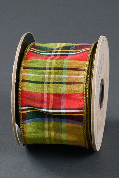 2.5" X 10yds Faux Dupioni Mcfarland Plaid Wired Ribbon Lime/red