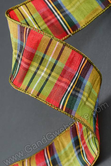 2.5" X 10yds Faux Dupioni Mcfarland Plaid Wired Ribbon Lime/red