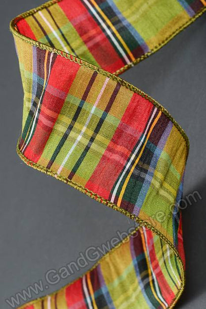 2.5" X 10yds Faux Dupioni Mcfarland Plaid Wired Ribbon Lime/red