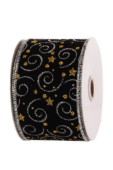 2.5" X 10Yds Wired Black Velvet Silver Swirl Gold Stars Ribbon Black