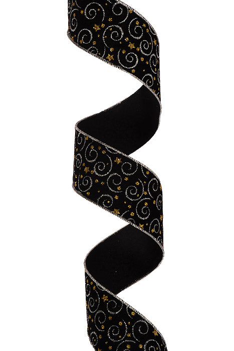 2.5" X 10Yds Wired Black Velvet Silver Swirl Gold Stars Ribbon Black