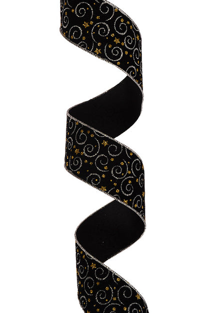 2.5" X 10Yds Wired Black Velvet Silver Swirl Gold Stars Ribbon Black