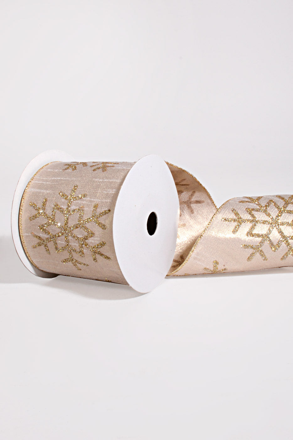 4" X 10Yds Wired Glitter Snowflake on Lame Ribbon Champagne