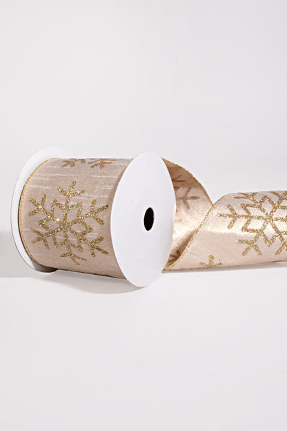 4" X 10Yds Wired Glitter Snowflake on Lame Ribbon Champagne