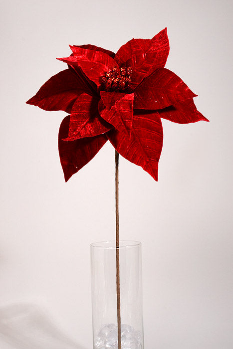 26" Velvet Poinsettia Stem Red