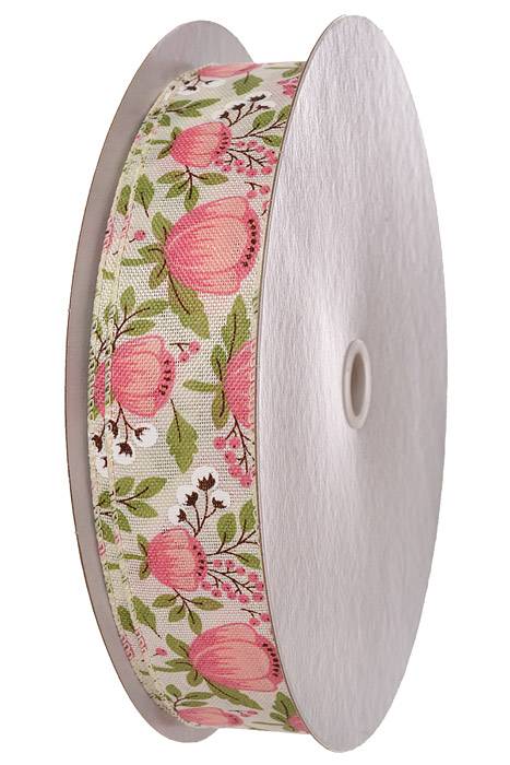 1.5" x 50Yds Wired Linen Peony Ribbon Ivory/Blush