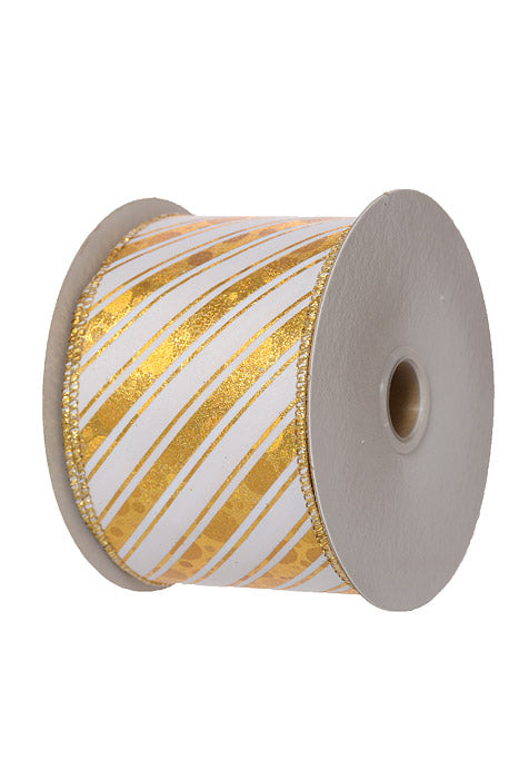 2.5" X 10Yds Wired Embossed Diagonal Stripes Satin Ribbon White/Gold