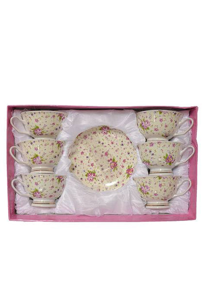 Tea Cup w/ Saucer Eggshell/Purple/Pink Set/6