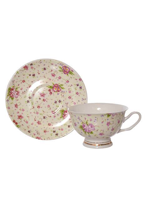Tea Cup w/ Saucer Eggshell/Purple/Pink Set/6