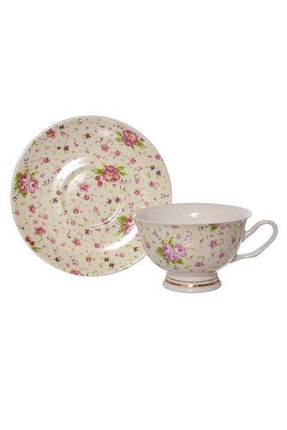 Tea Cup w/ Saucer Eggshell/Purple/Pink Set/6