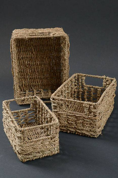 8"/9"/10.25" Squared Iron Baskets W/hemp Rope Set/3