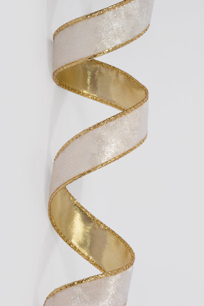 1" X 10Yds Wired Lush Velvet/Gold Metallic Back Ribbon Ivory
