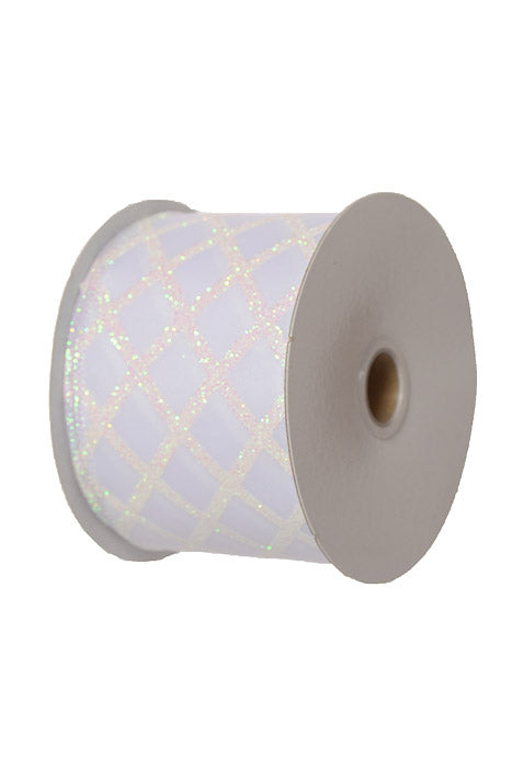 2.5" X 10Yds Wired Satin Criss Cross Diamonds Ribbon White/Iridescent