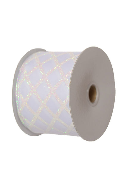 2.5" X 10Yds Wired Satin Criss Cross Diamonds Ribbon White/Iridescent