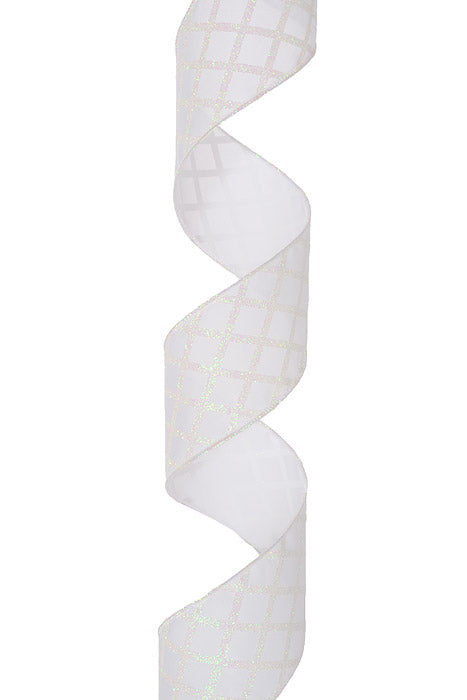 2.5" X 10Yds Wired Satin Criss Cross Diamonds Ribbon White/Iridescent