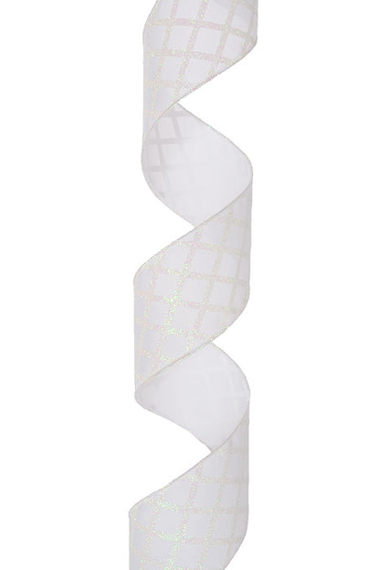 2.5" X 10Yds Wired Satin Criss Cross Diamonds Ribbon White/Iridescent