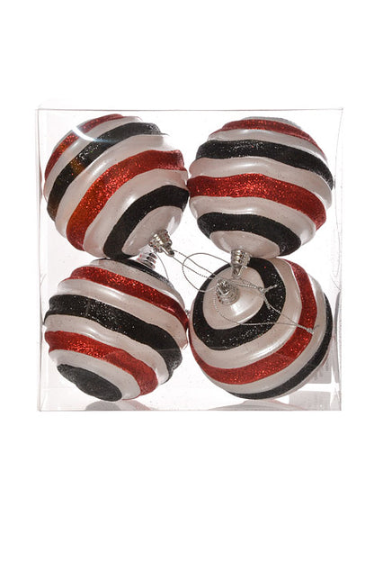 100Mm Stripe Waves Ball With Glitter Ornament (White/Black/Red) Pkg/4