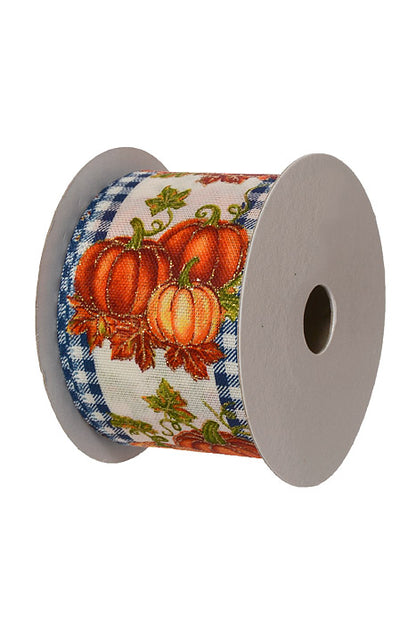 2.5" X 10Yds Wired Ivory Linen Pumpkins Ryle Gingham Edge Ribbon Orange/Blue