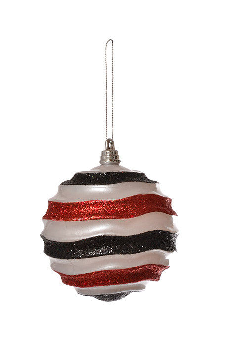 100Mm Stripe Waves Ball With Glitter Ornament (White/Black/Red) Pkg/4