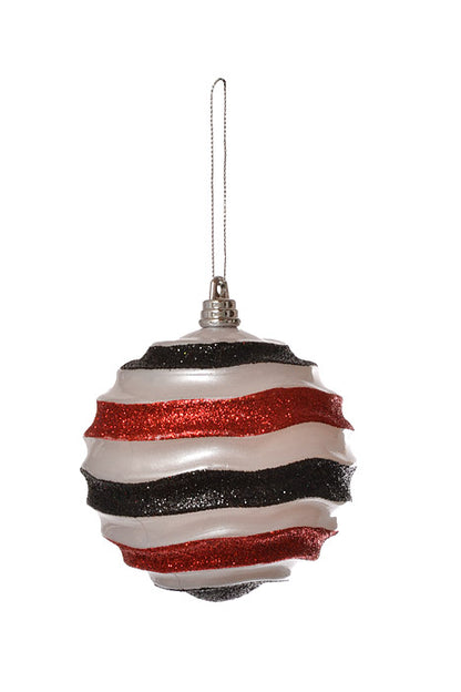 100Mm Stripe Waves Ball With Glitter Ornament (White/Black/Red) Pkg/4