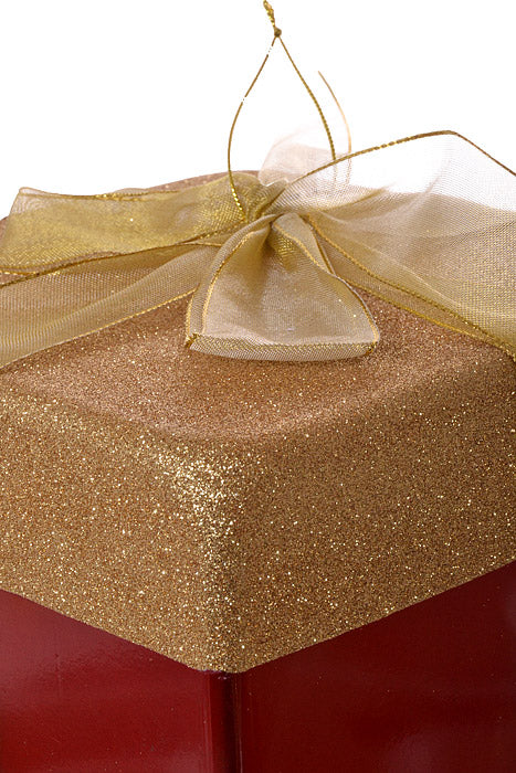 250Mm Plastic Gift Box With Mesh Bow Ornament (Red/Gold)