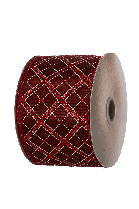 2.5" X 10Yds Wired Glitter Diagonal Cross Plaid Ribbon Burgundy Satin/White/Red