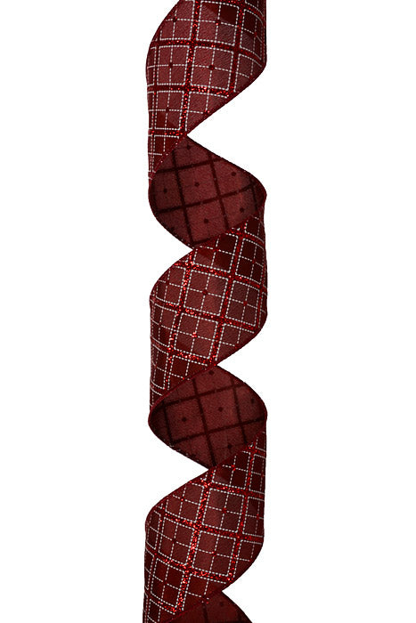 2.5" X 10Yds Wired Glitter Diagonal Cross Plaid Ribbon Burgundy Satin/White/Red