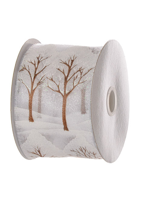 2.5" X 10Yds Wired Irid Metallic Snowy Trees Ribbon Irid