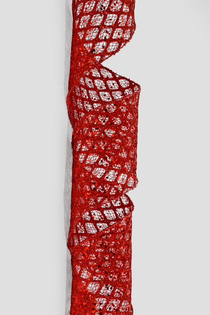 2.5" X 10Yds Agatha Glittered Diamond Net Ribbon Red